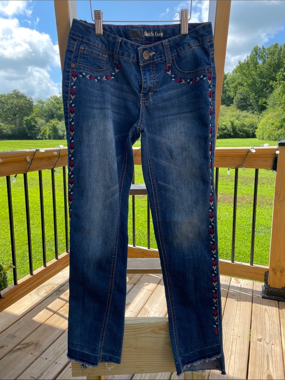 Lee Dark Blue Straight-Leg Jeans with Red, Blue & Tan Embroidered Trim